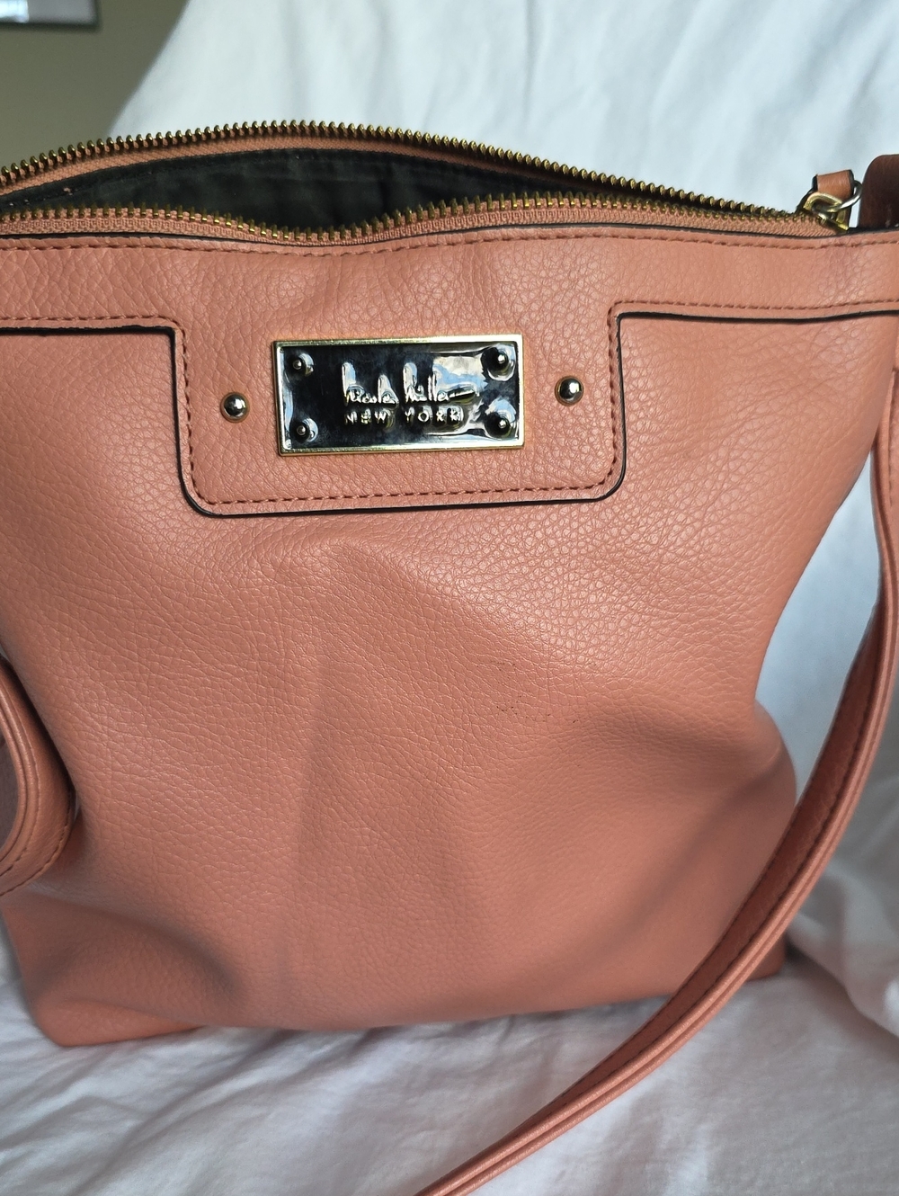 Nicole Miller Pink/Peach Leather Crossbody Bag W/Gold Hardware